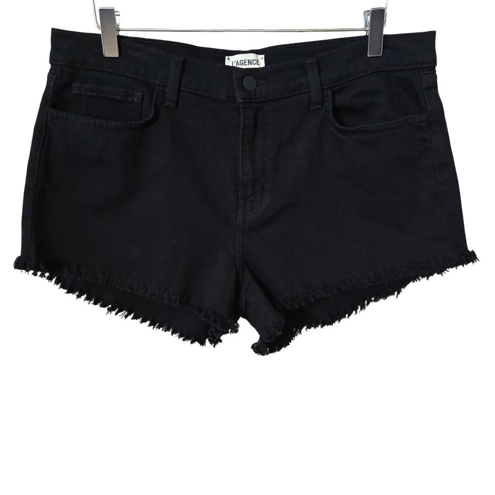 L'AGENCE Zoe Cut Off Frayed Hem Black Denim Jean Shorts